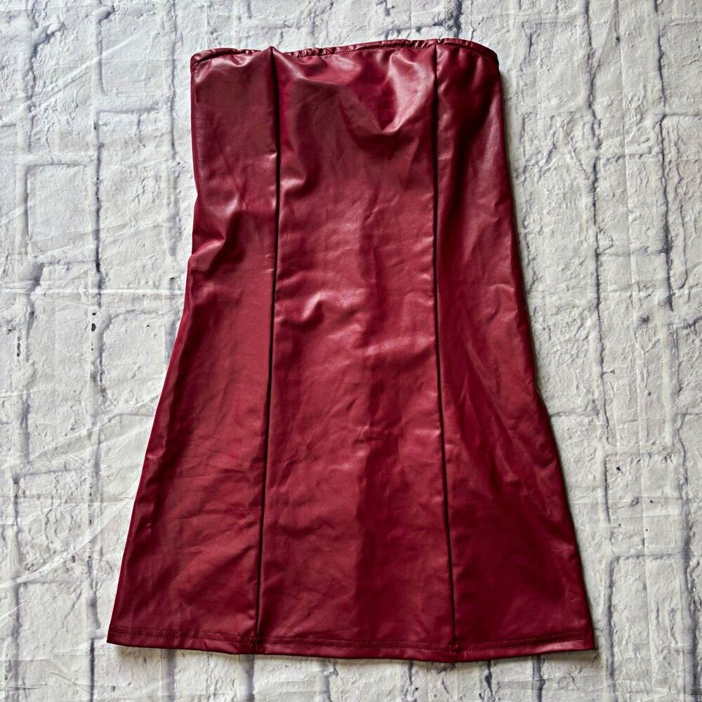 SHEIN Women's Strapless Faux Leather Mini Dress Solid Burgundy Size M